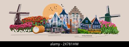 Wunderschöne Holzhäuser. Typisch kleine holländische Häuser Fassaden in Volendam, in den Niederlanden - Kunstcollage Stockfoto