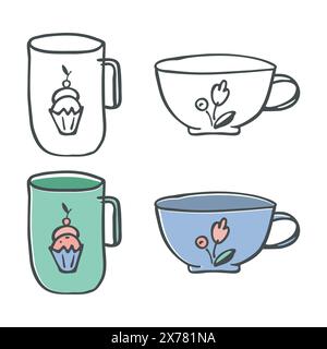 Bechersymbol Clipart Set. Doodle Icon Kit, handgezeichnete dekorative Strichlinie, schwarze Skizzenkontur, Kontur, pastellfarbenes Design mit flachem Zeichentrick. Verschiedene Stock Vektor