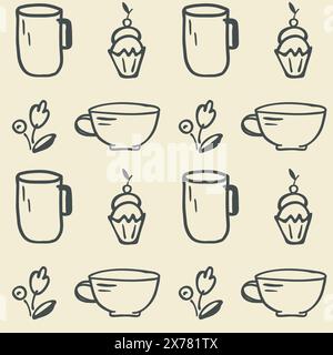Teetasse, nahtloses Dessert-Muster. Kritzelkontur Symbole handgezeichnete dekorative Strichlinie, schwarze Skizzenkontur. Niedliche verschiedene isolierte Elemente. Weiß Stock Vektor