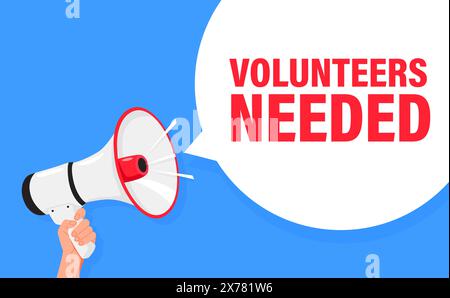 Freiwillige werden benötigt. Halten Sie den Megaphonlautsprecher für die Ankündigung mit der Hand. Achtung, bitte. Schreiende Leute, Werbesprache Symbol Stock Vektor