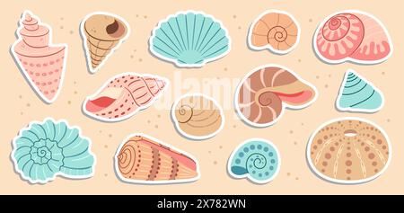 Niedliches Muschelaufkleber-Set. Trendige Muschelkollektion im flachen Stil. Meer Unterwasserbecken Muschelmuscheln Muscheln Wassermollusk. Handgezeichnete Spiralschnecke, Meerestiere. Vektorabbildung Stock Vektor