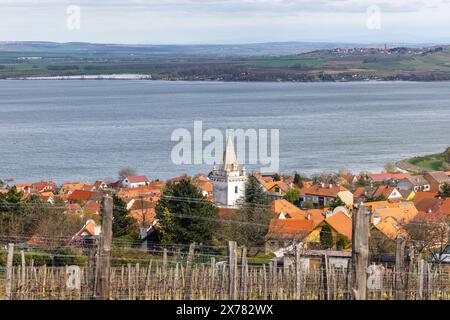 Das Dorf Pawlow mit Weinbergen über dem Nove Mlyny Stausee in Südmähren, Tschechien, Europa. Stockfoto