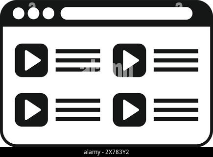 Schwarzweiß-Symbol für eine Webschnittstelle mit Videoinhalten und Text Stock Vektor