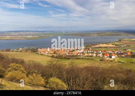 Das Dorf Pawlow mit Weinbergen am Stausee Nove Mlyny in Südmähren, Tschechien, Europa. Stockfoto