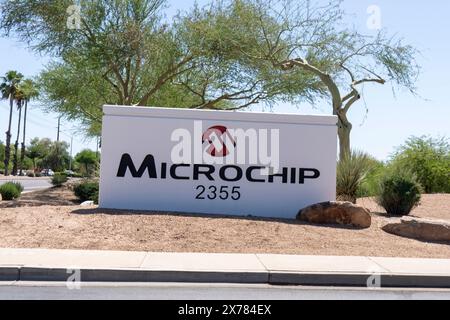 Microchip-Schild vor dem Firmensitz in Chandler, Arizona, USA Stockfoto