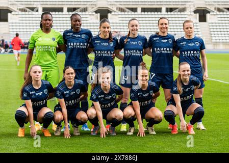 Die Spieler des Paris FC vor der französischen Meisterschaft der Frauen, Play-offs, dem dritten Platz des Fußballspiels zwischen Paris FC und Stade de Reims am 17. Mai 2024 im Stadion Sebastien Charlety in Paris, Frankreich Stockfoto