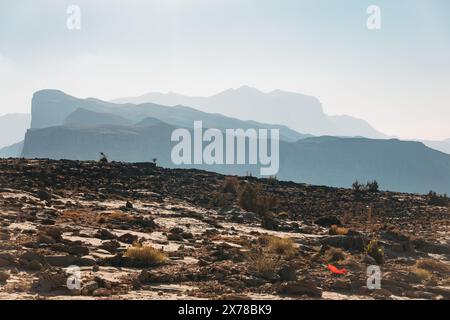 In Jebel Shams, Oman, verblassen sich mehrschichtige Bergsilhouetten in den trüben Horizont, mit felsigem Gelände im Vordergrund unter hellem Himmel. Stockfoto