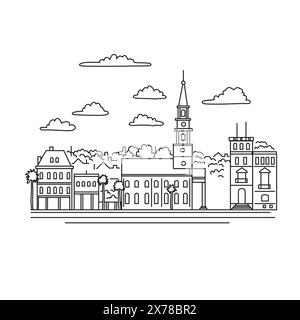 Mono-Linien-Illustration der Broad Street mit dem Kirchturm der St. Michael’s Episcopal Church in Charleston, South Carolina, USA, in Monoline lin Stock Vektor