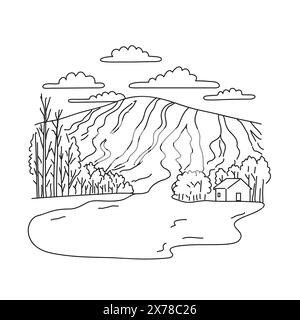Mono-Linien-Illustration des Skigebietes Sugarloaf Mountain im Carrabassett Valley im Westen von Maine, USA, in Schwarzweiß-Monoline-Linie. Stock Vektor