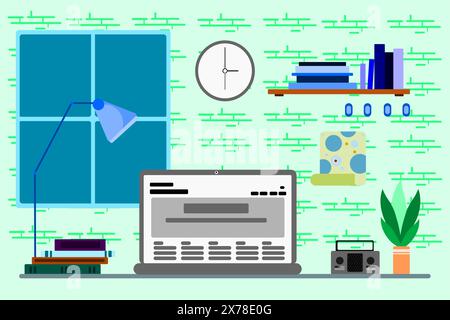 Schüler- oder Schülerzimmer. Arbeitsplatz im Raum. Volumetrische Illustration des Vektor-Zeichentrickfilms. Stock Vektor
