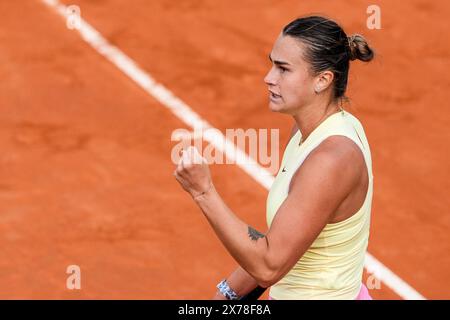 Rom, Italien. Mai 2024. Aryna Sabalenka feiert das Finale der Frauen-Singles zwischen IgA Swiatek und Aryna Sabalenka am Tag 13 der Internazionali BNL D’Italia 2024 im Foro Italico am 16. Mai 2024 in Rom. Quelle: Giuseppe Maffia/Alamy Live News Stockfoto