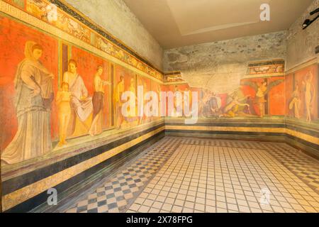 Ruinen von Pompeji, Italien. Verzierung. Fresko an der Wand der Villa der Geheimnisse. Stockfoto