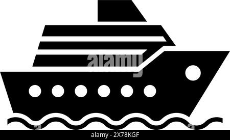 Ein einfaches, geometrisches Schwarz-weiß-Symbol, das ein Kreuzfahrtschiff mit auffälligen, eckigen Formen und stilisierten Wellen darstellt Stock Vektor