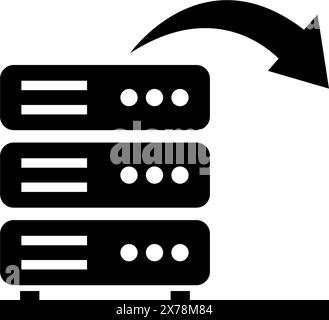 Ein minimalistisches Schwarzweiß-Symbol, das eine Reihe von Server-Racks mit einem nach oben zeigenden Pfeil darstellt, das Datenmigration, Cloud Computing oder tran darstellt Stock Vektor