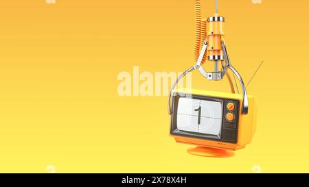 Die Greifmaschine greift den Vintage-fernseher. TV-Senderwahl-Konzept. 3D-Abbildung Stockfoto