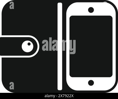 Minimalistische Schwarz-weiß-Vektor-Illustration von Geldbörse und Smartphone-Symbol, perfekt für mobile Finanzen und sichere Zahlungsanwendung, mit Fokus auf Sicherheit und Komfort Stock Vektor