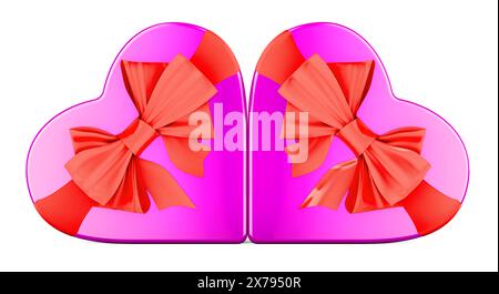 Rosafarbene Geschenkboxen in Herzform mit roten Schleifen. 3D-Rendering isoliert auf weißem Hintergrund Stockfoto