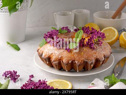 Stillleben von Zitronenkuchen mit Fliederblüten auf der Oberseite, weißer Hintergrund. Stockfoto