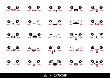 Set mit 25 lustigen Kawaii Emoticons. Niedlicher Cartoon-Stil. Vektorabbildung. Stock Vektor