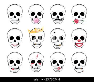 Satz mit 12 Schädelflächen. Lustiger Zeichentrickstil. Vektorabbildung. Stock Vektor