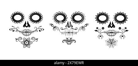 Set mit 3 eleganten Sugar Skull Designs. Catrina-Stil. Vektorabbildung. Stock Vektor