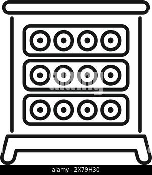 Schwarzweißes Vektordesign eines schlanken Server-Racks, das Datenspeicherung und Technologie repräsentiert Stock Vektor