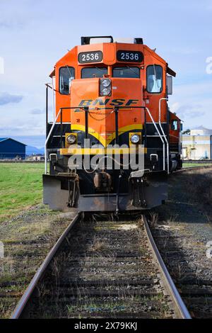 Mount Vernon, WA, USA - 2. Februar 2024; orangene BNSF GP39-3 Lokomotiven warten auf Arbeit in einem Anschlussgleis mit gekrümmtem Gleis Stockfoto