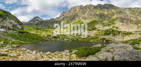 Panorama des Bergsees in der Nähe des Hruby Vrch Passes in der Hohen Tatra, Slowakei. Stockfoto