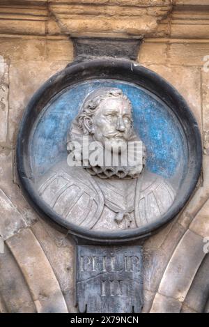 Medaillon von König Philipp III., Plaza Mayor Salamanca, UNESCO-Weltkulturerbe, Spanien Stockfoto