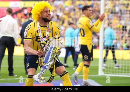 London, Großbritannien. Mai 2024. Marcus Browne von Oxford United feiert am 18. Mai 2024 im Wembley Stadium, London, England, Vereinigtes Königreich nach dem SKY Bet EFL League One Play-Off Finale von Bolton Wanderers FC gegen Oxford United FC Stockfoto
