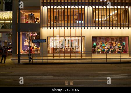 HONGKONG, CHINA - 05. DEZEMBER 2023: Nächtlicher Blick auf den Flagship Store von Hermes in Hongkong. Stockfoto