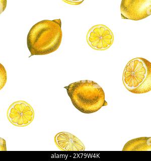 Aquarellmuster mit Zitronen, Zitronenschnitt und in Scheiben geschnittener Zitrone. Hand gezeichnete frische gelbe Früchte isoliert auf weißem Hintergrund. Gemalte Abbildung Stockfoto