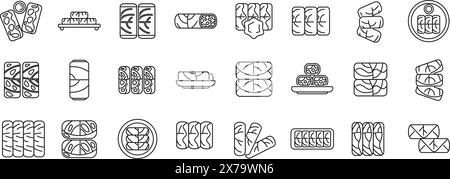 Dolma-Konturvektorsymbole. Eine Sammlung von Lebensmitteln in verschiedenen Formen und Größen. Zu den Speisen gehören Sandwiches, Schüsseln und Teller. Die Szene ist lässig und einladend Stock Vektor