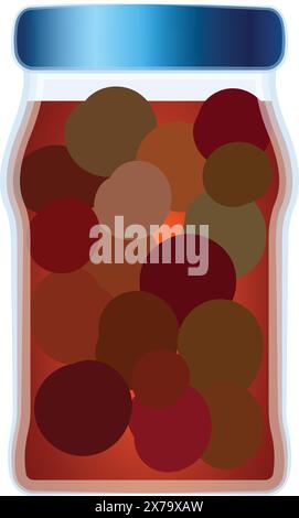 Flache Design-Vektorgrafik eines Glasgefäßes gefüllt mit verschiedenen Gewürzkugeln Stock Vektor