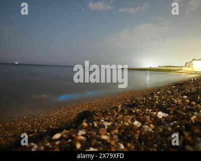 Sheerness, Kent, Großbritannien. Mai 2024. Wetter in Großbritannien: Atemberaubend lebendige, leuchtend blaue Biolumineszenz, die heute Abend am Sheerness Beach in Kent zu sehen ist - die Farbe entsteht, wenn biolumineszierendes Plankton gestört wird. Bilder zeigen Wellen und Steine, die ins Meer geworfen wurden. Quelle: James Bell/Alamy Live News Stockfoto