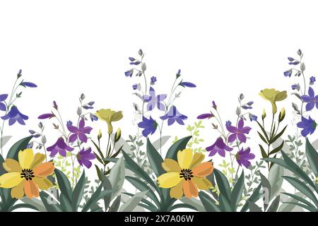 Nahtloses horizontales Blumenmuster, Rand mit Wiesenblumen. Stock Vektor