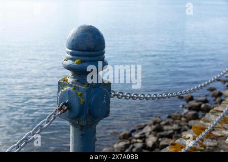 Ein verwitterter Pfosten wächst Moos entlang des Songhees Walkway in Victoria, British Columbia, Kanada. Stockfoto