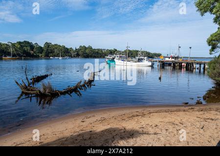 Überreste von Holzkähnen, die in Risby Cove, Strahan, Westküste Tasmaniens, verlassen und verrotten Stockfoto