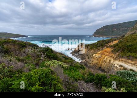 Blick auf die Küste von Maingon Bay von Lookout, Maingon Bay Tasman Peninsula, Tasmanien Stockfoto