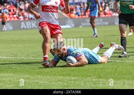 Doncaster, Großbritannien. Mai 2024. Abbas Miski von Wigan Warriors geht zum Versuch während des Betfred Challenge Cup Halbfinales Hull KR gegen Wigan Warriors im Eco-Power Stadium, Doncaster, Großbritannien, 18. Mai 2024 (Foto: Mark Cosgrove/News Images) in Doncaster, Großbritannien am 18. Mai 2024. (Foto: Mark Cosgrove/News Images/SIPA USA) Credit: SIPA USA/Alamy Live News Stockfoto