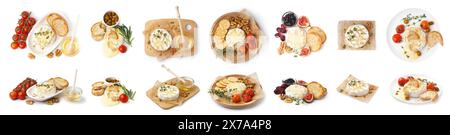 Collage aus leckerem gebackenem Camembert-Käse mit Snacks auf weißem Hintergrund Stockfoto