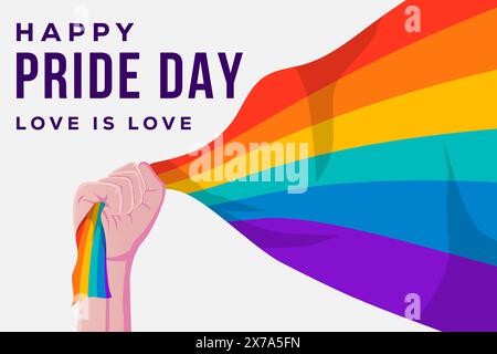 Hintergrund des Happy Stolz Day mit einer Regenbogenfahne in der Hand Stock Vektor