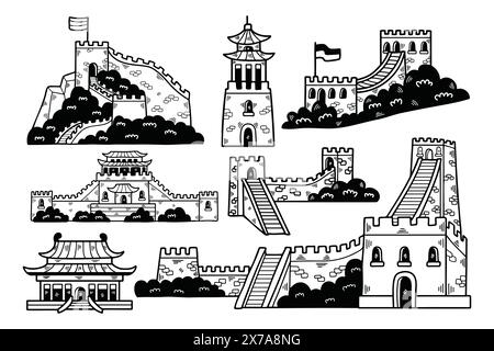 Eine Illustration chinesischer Gebäude und der Chinesischen Mauer, handgezeichnet im Linienstil. Stock Vektor