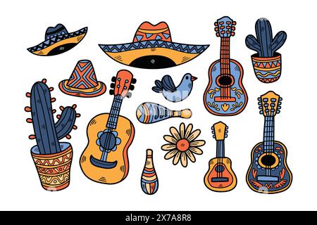 Eine Sammlung verschiedener Musikinstrumente und Hüte, einschließlich einer Gitarre, einer Maraca und einem Sombrero Stock Vektor