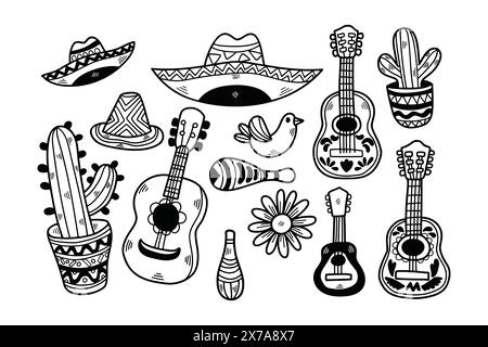 Eine Sammlung verschiedener Musikinstrumente und Hüte, einschließlich einer Gitarre, einer Maraca und einem Sombrero Stock Vektor