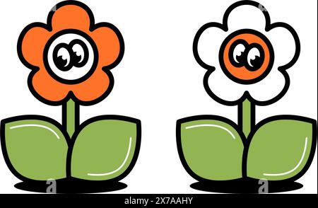 Zurück zur Schule Retro zeitgenössische Vektorkunst. Funky groovige Blumen mit niedlichen Gesichtern auf transparentem Hintergrund. Stock Vektor
