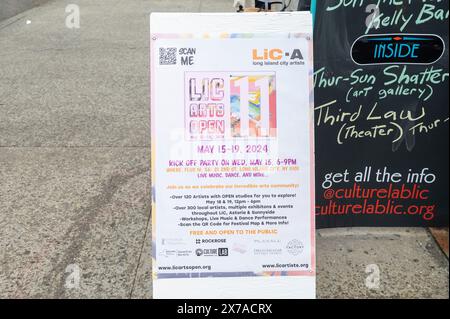 New York, Usa. Mai 2024. NEW YORK, NEW YORK – 18. MAI: Ein Schild für die LIC Art Open Week, das am 18. Mai 2024 im Queens Borough in New York City außerhalb des Culture Lab in Long Island City zu sehen ist. Quelle: Ron Adar/Alamy Live News Stockfoto