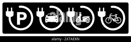 Symbole für den elektrischen Ladepunkt auf schwarzem Hintergrund isoliert Stockfoto