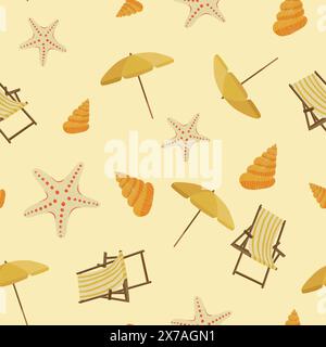Sternfisch, Muschel, Liegestühle, Sonnenschirm, nahtloses Muster, Digitalpapier, gelber Hintergrund, flach, Retro-Farben Stockfoto