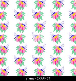 Frühling nahtlose Muster Reihen nette rosa Pfingstrosen weiße Sommervorlage Pflanze Wildblume Pfingstrose Ditsy Ornament Verpackung Stoff Tapete Textil Mosaik Vektor Stock Vektor